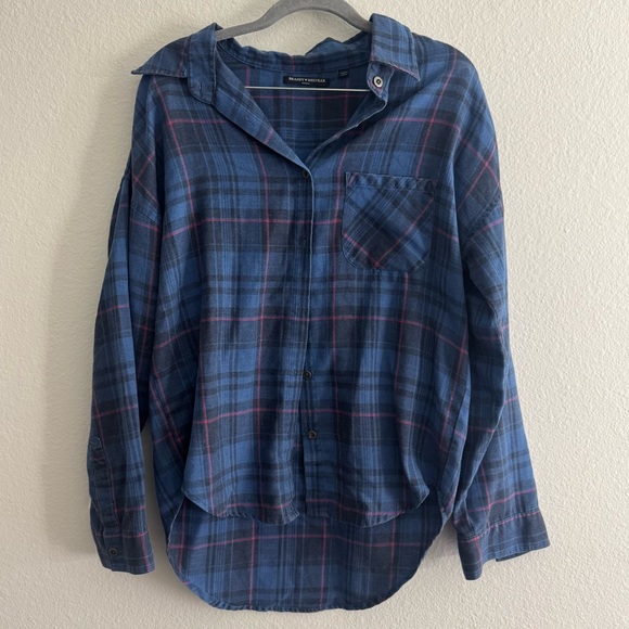 Brandy Melville Plaid Blue and Pink Fall Button Down Flannel Shirt One Size - Picture 1 of 4